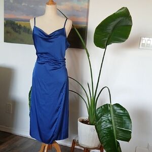 Nicole Miller New York Sapphire Blue Satin Asymetric Ruched Wrap Slip Dress
